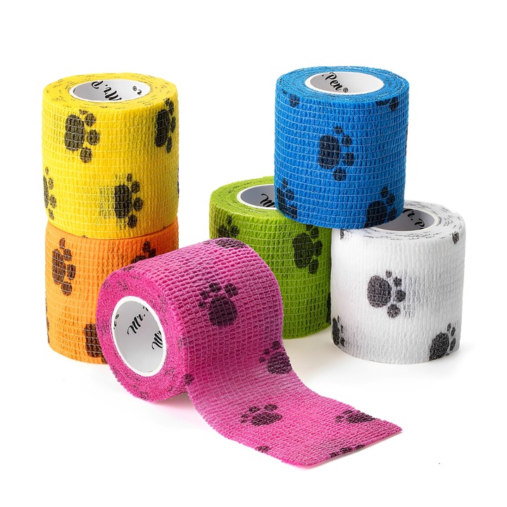 Set 6 role bandaje autocolante, TREXORA, imprimeu labuta, elastic, 5cmx4.5m, multicolor