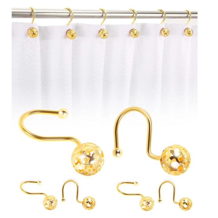 Set de 12 carlige pentru perdea de dus, Golxmse, pentru baie, agatare interior/exterior, metal, auriu