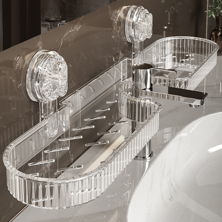 Suport ventuza pentru robinet, Golxmse, detasabil, orificiu de scurgere, fara instalare, PET, 45×11.5×2.5cm, alb transparent