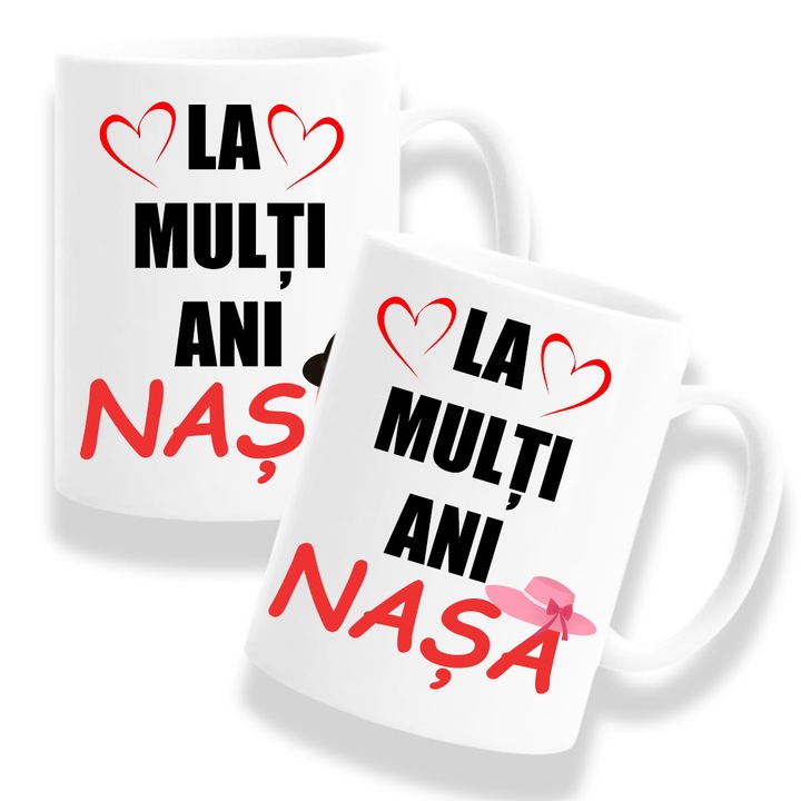 Set 2 cani personalizate Nasi cu mesaj:"La multi ani Nasu/Nasa", Model 1, Betaprint, 330ml, ceramica, alb