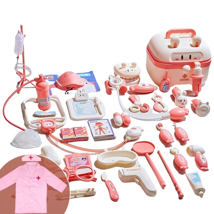 Trusa medicala Deluxe cu 48 de piese, sunete si lumini, uniforma de asistenta inclusa, 3+ ani, roz