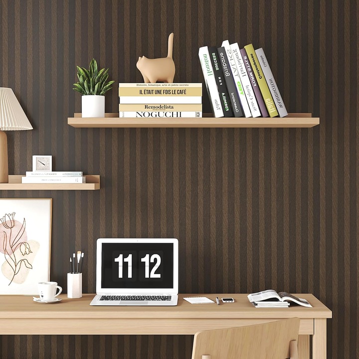 Tapet autoadeziv din PVC, model lemn linii grila, rezistent la apa si la ulei, adeziv puternic, usor de montat si de taiat, pentru blaturi bucatarie, mobilier, usi, pereti, 40 x 200 cm, maro abanos/cafea