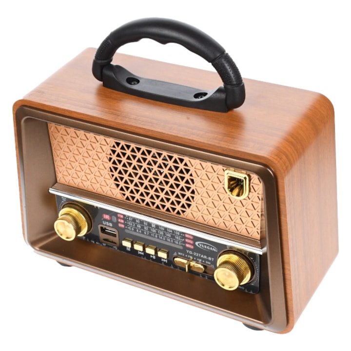 Radio FM/AM/SW, MP3 portabil cu Bluetooth, design vintage si baterie reincarcabila, 23x14x9 cm, USB, TF, AUX, maro, cautarea programelor manuala