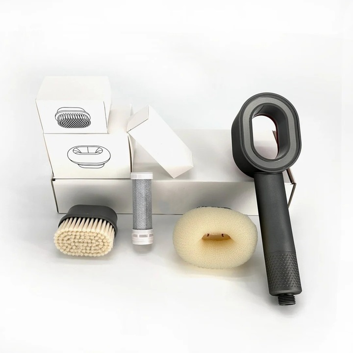 Set para de dus cu presiune mare si filtru anticalcar – micro-duze( BEAUTY Shower Filter) pentru jet puternic, accesorii: perie + burete – purificare apa dura, jet reglabil, economie apa, efect spa