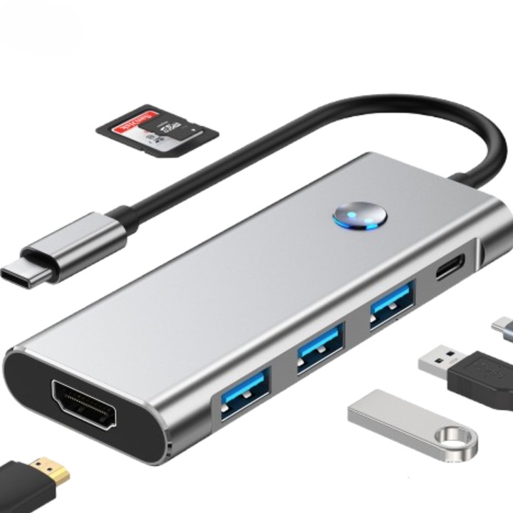 Adaptor HUB 8 in 1 ANCIBI, USB 3.0, USB-C, HDMI/4K 60Hz, Type-C, Functie De Oprire A Ecranului Cu O Singura Tasta, PD 100W, Slot TF/PD, Viteza de pana la 5Gbps, Plug & Play, Gri