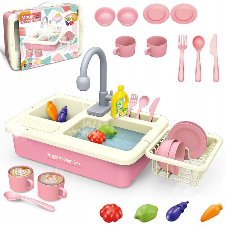 Elektromos mosogató gyerekeknek, Matadi, 14 darabos készlet, folyóvízzel, 56x27x30.5cm