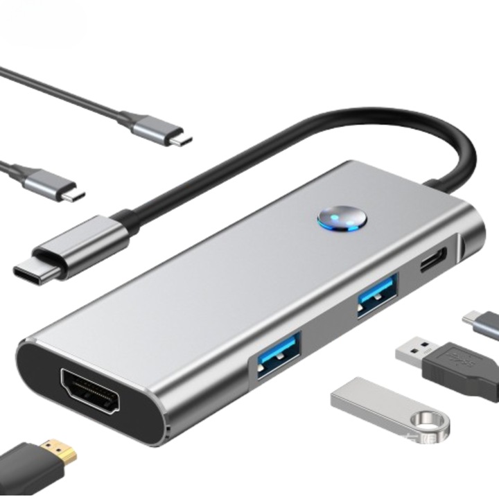 Adaptor HUB 7 in 1 ANCIBI, USB 3.0, USB-C, HDMI/4K 60Hz, Type-C, Functie De Oprire A Ecranului Cu O Singura Tasta, PD 100W, Viteza de pana la 5Gbps, Plug & Play, Gri