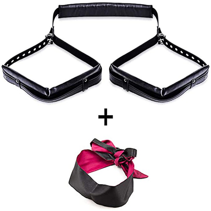Set BDSM din piele, restrictii ajustabile pentru coapse, masca neagra, dimensiune universala