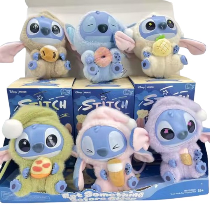 Stitch Labubu stílusú plüssjáték – Disney rejtélyes doboz figura, véletlenszerű modell, meglepetésdobozban, kulcstartóval