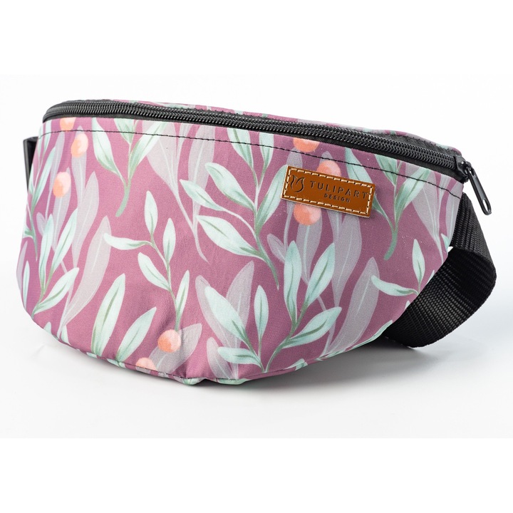 Borseta textil imprimat handmade, TulipArt Design, roz, model cu frunze de maslin
