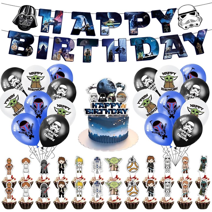 44 de articole de decor pentru petrecere cu tema Yoda, incluzand banner, baloane din latex, accesorii pentru torturi, accesorii pentru cupcake-uri, cu motiv Star Wars, pentru petreceri tematice destinate copiilor