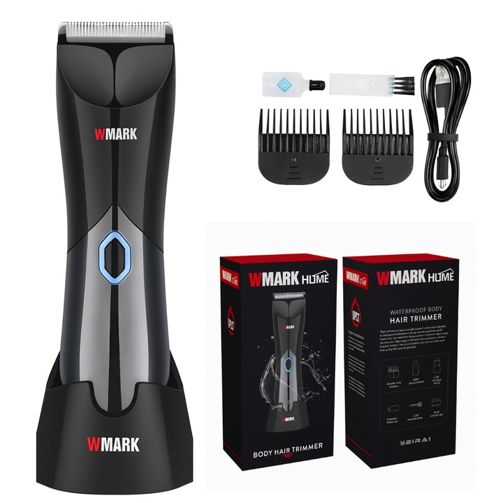 BIRAI Trimmer Home hajvágó és borotva, testre, ágyékra, szakállra, USB Type-C, IPX7 vízálló, 7000 RPM, 4 cm széles penge, LED kijelző, 2 sebességfokozat, 60 perc üzemidő, gyorstöltés, 2-7 mm-es fésűk, állvány, olaj, fekete