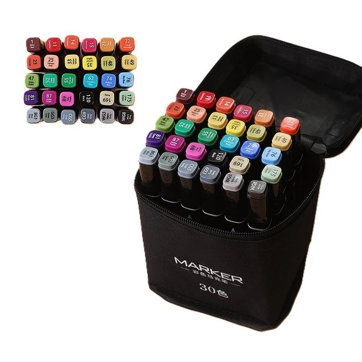 Set 30 markere duble, pe baza de ulei, geanta inclusa, WSC, multicolor