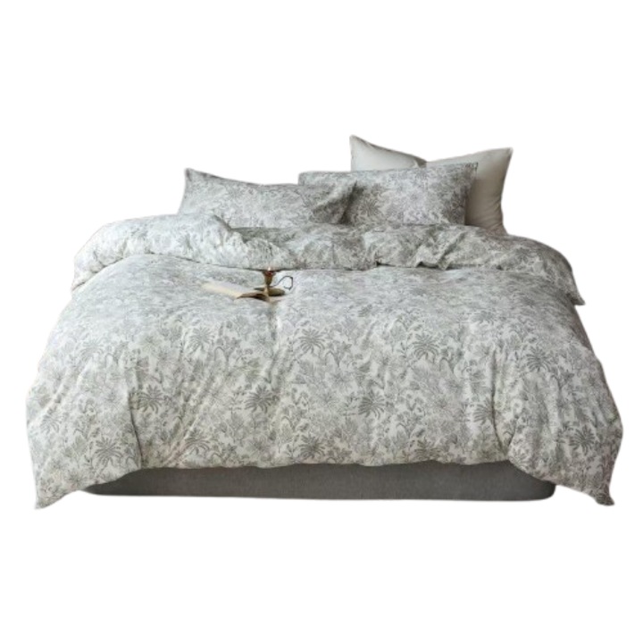 Lenjerie Pat Dublu, Bumbac 100%, Imprimeu Dinozauri, 4 Piese, 2 Persoane, 245x250cm, Alb-Gri