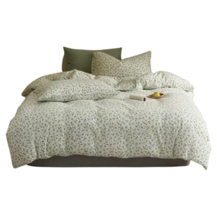 Lenjerie Pat Dublu, Bumbac 100%, Imprimeu Floricele, 4 Piese, 2 Persoane, 245x250cm, Alb-Gri