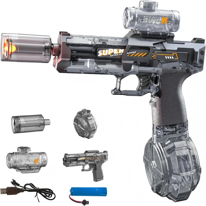 Pistol electric cu apa, pistol automat de pulverizare cu apa Omelivon®, cu lumina LED, reincarcabil, foc continuu automat, jucarie de petrecere pe plaja, piscina in aer liber, potrivit pentru adulti si copii, negru