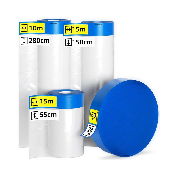 3 tekercs védőfólia és ragasztószalag készlet Scatteredyun, átlátszó, 55cm, 150cm, 280cm