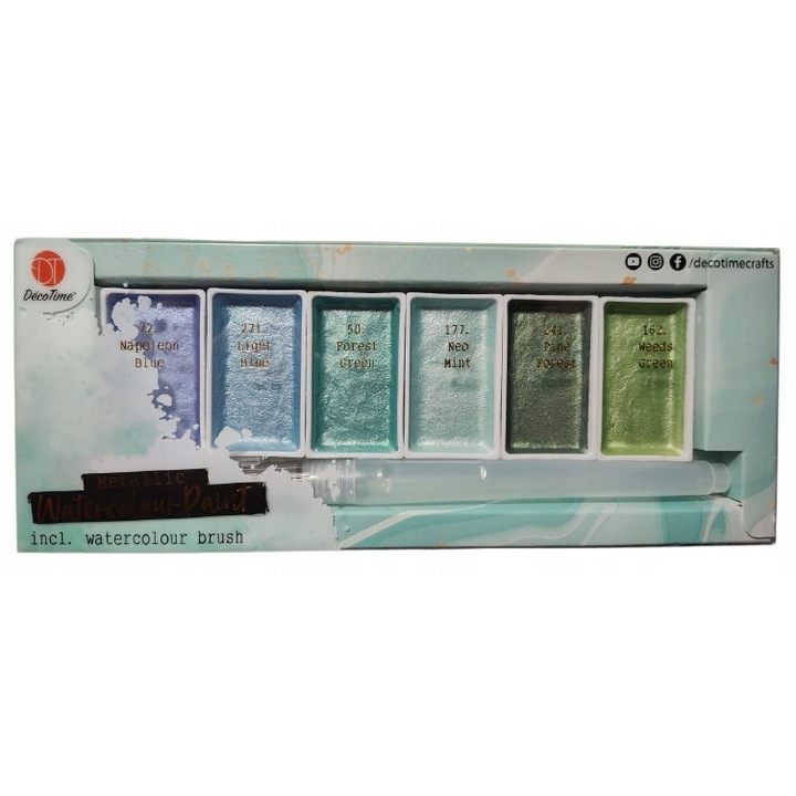 Set acuarele metalizate CardSplitter, 6 culori, cu pensula, 4,5x2,5x1cm