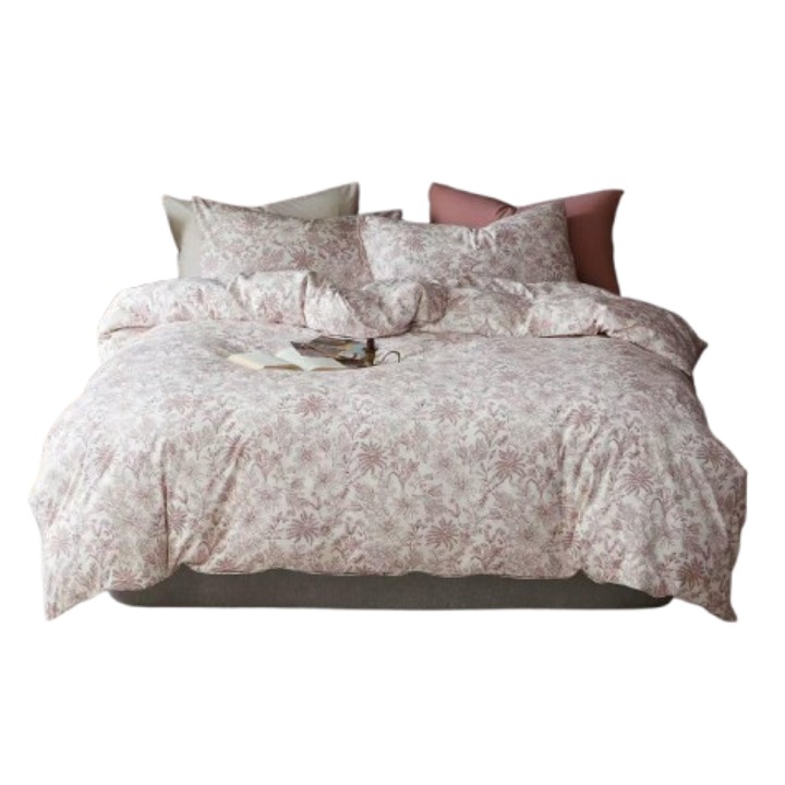 Lenjerie Pat Dublu, Bumbac 100%, Imprimeu Floral, 4 Piese, 2 Persoane, 245x250cm, Plamaniu-Alb