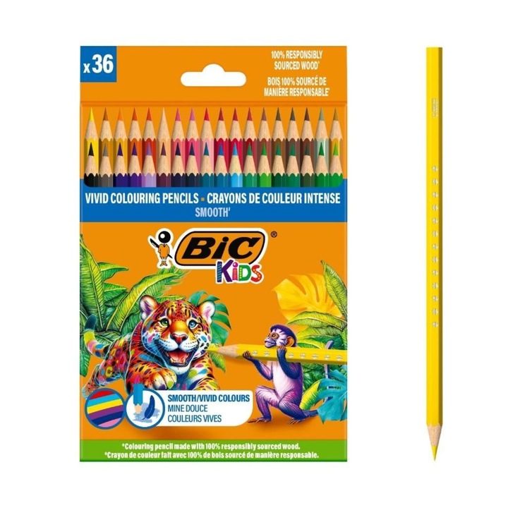 Bic színes ceruzakészlet, 36 színű, felelős fából készült, hatszögletű