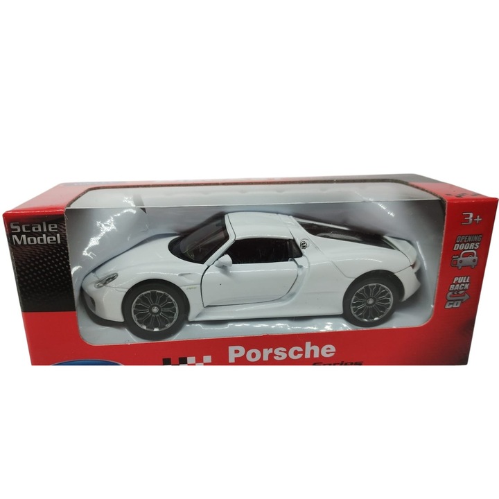 Метален модел на кола Porsche 918 Spyder, Welly, 1:34, прецизни детайли, отворени врати, 12x5x4.5 см