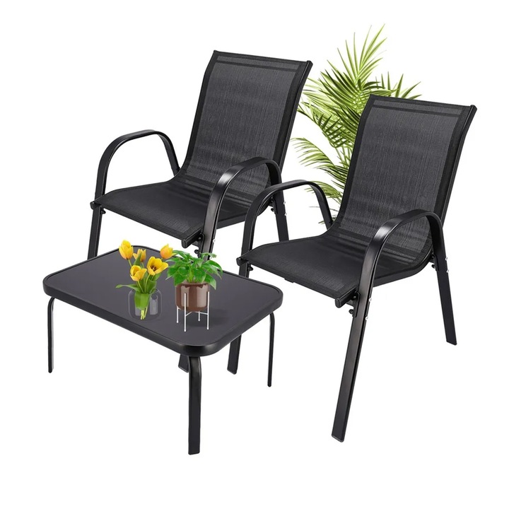 Комплект градински/терасни мебели, Шварцвалд, Модерни градински мебели с 2 стола и маса, рамка от неръждаема стомана, устойчиви на атмосферни влияния, устойчиви на надраскване, идеални за балкони, тераси