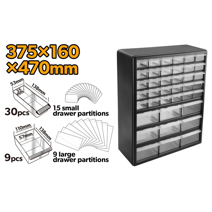 Пластмасова кутия-органайзер TOLSEN с 39 чекмеджета, удароустойчив полистирен, размери 375x160x470 мм, разделители за големи и малки чекмеджета, идеална за работилница и съхранение