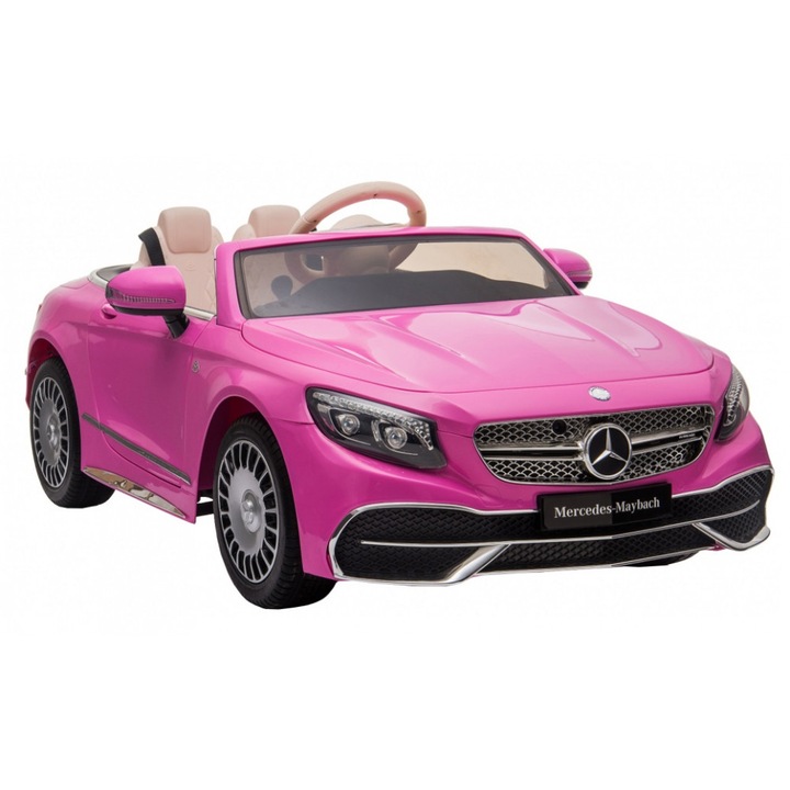 Masinuta electrica pentru copii Mercedes Maybach S650 Pink 12V4.5Ah, echipare premium si licenta,2 motoare, roti EVA, scaun piele, usi cu deschidere, pornire la cheie, unitate audio cu muzica, lumini LED, sistem troller, suspensii