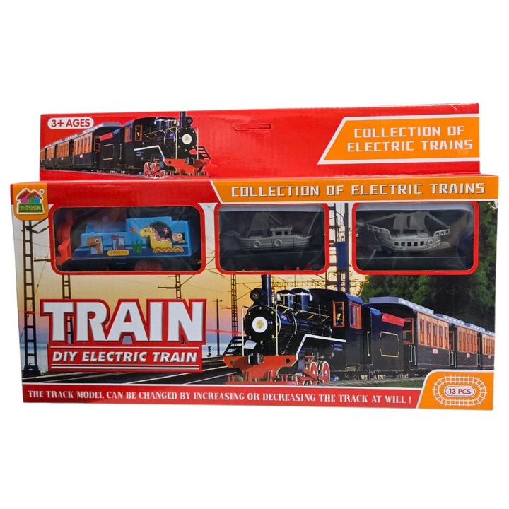 Trenulet electric simpatic cu platforma vaporase, sina, vagoane, locomotiva