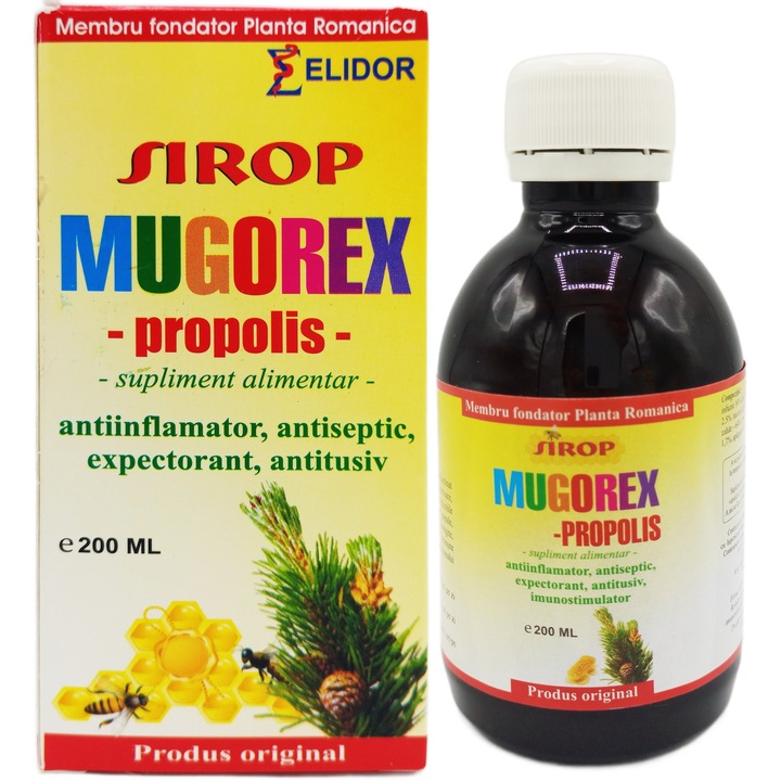 Sirop de jneapan cu propolis "Mugorex", rol antitusiv si expectorant, adjuvant in bronsite acute sau cronice, 200ml, Laboratoarele Elidor Pontica