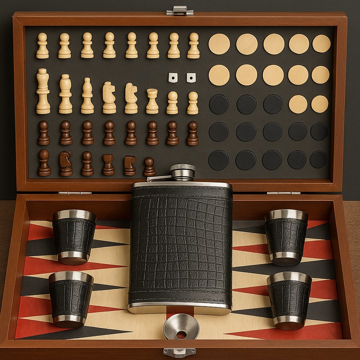 Подаръчен комплект ANGMAD, термос, 4 чаши, мини фуния, игра на шах, дама и табла (включени зарове), декориран с екокожа, размер в сгънат вид: 28x19x6 см, изработен от дърво и метал, цвят: черно-кафяв