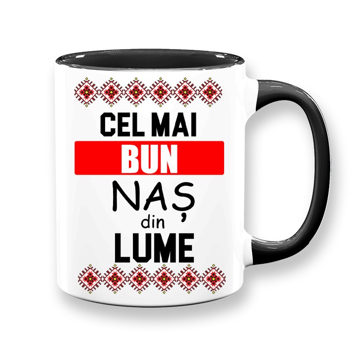 Cana personalizata pentru Nas cu mesaj:"Cel mai bun Nas din lume", Motive traditionale, Betaprint, ceramica, 330ml, alba cu interior negru