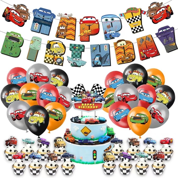 Set 46 Accesorii REDQUIT de Petrecere Aniversara Fulger McQueen, 20 Baloane, 1 Banner Happy Birthday, 24 Cupcake Topper, 1 Topper Tort