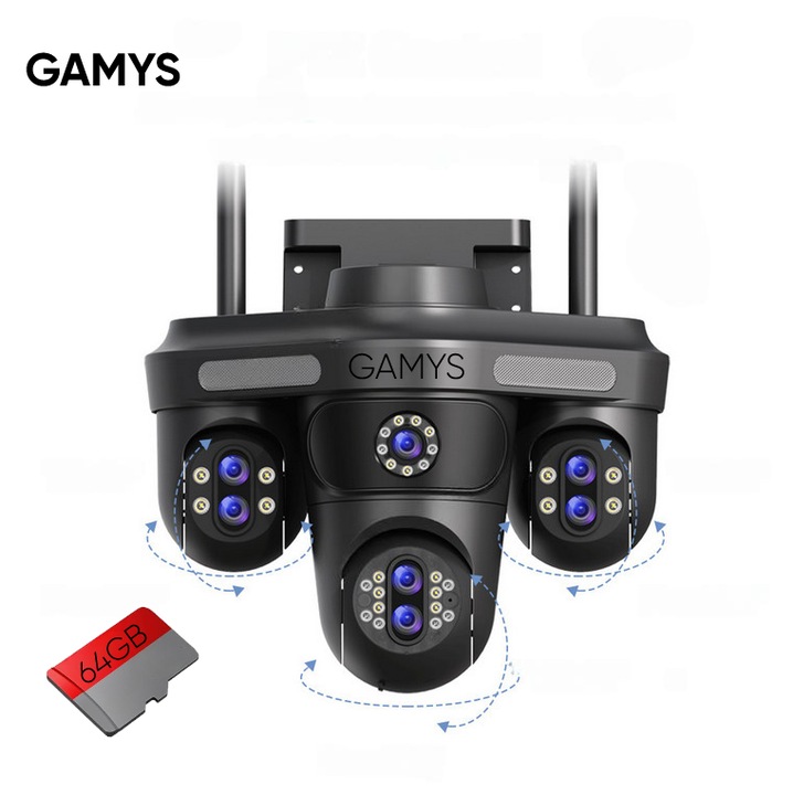 Camera Supraveghere GAMYS® 14MP, 3Lentile PTZ, 10xZOOM, 360°, Audio, Night Vision Color, IP66, WiFi + RJ45, Detectie Umana si Miscare, Card de memorie 64GB