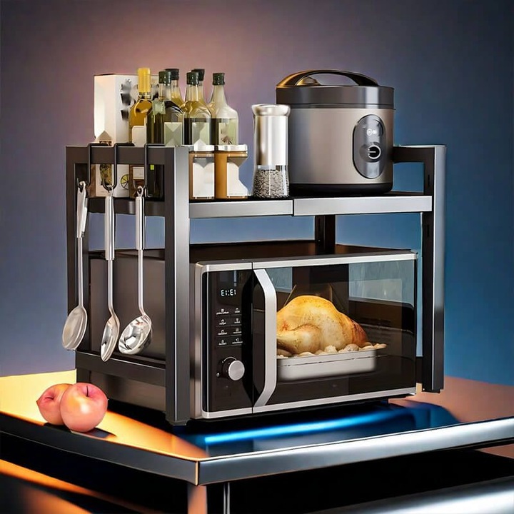 Метална стойка за микровълнова фурна Rovitech, 2-етажен кухненски органайзер, 6 куки, регулируем рафт, 58x36x45 см, черен