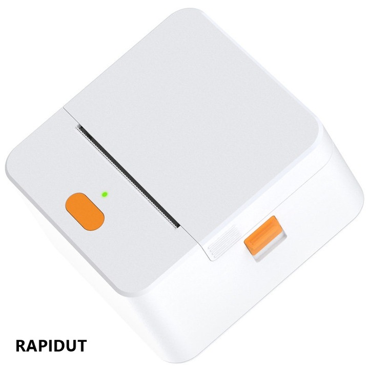 Mini Imprimanta etichete, Termica, RAPIDUT®, Alb-Negru, Portabila, Fara cerneala/toner, Imprimare App, Bluetooth, iOS si Android, 1500 mAh, 4 role incluse, Alb