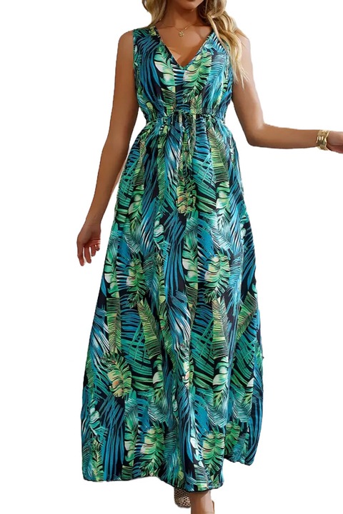 Rochie lunga print exotic, vaporoasa, decolteu adanc in V, prindere la spate prin cordon