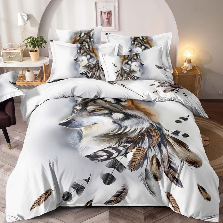 Set Lenjerie CHIRASO, Model 3D, Imprimeu identic cu poza, Finet Premium, 4 Piese, Cearceaf cu Elastic 140x200cm, Husa Pilota 155x205cm, 2 Fete de Perna 55x80cm, alb-maro