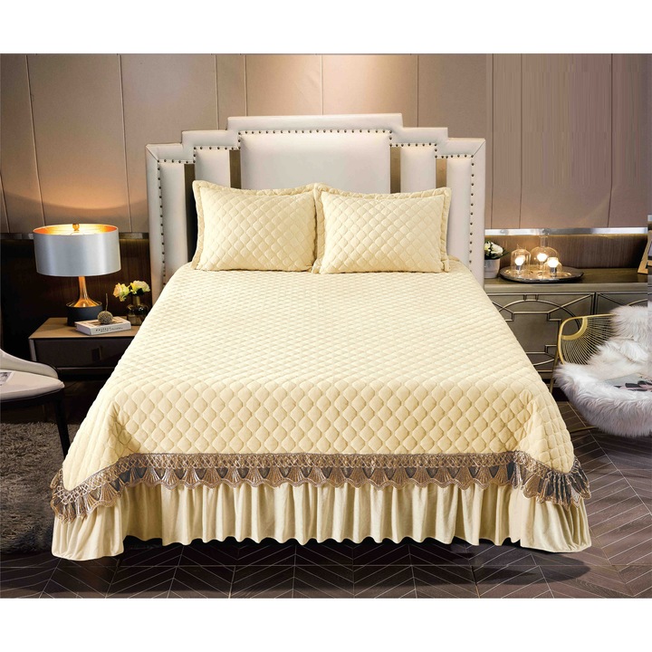 Set Cuvertură de Pat CHIRASO, Catifea, 2 Fete de Pernă, Crem, 220x240cm + 27cm