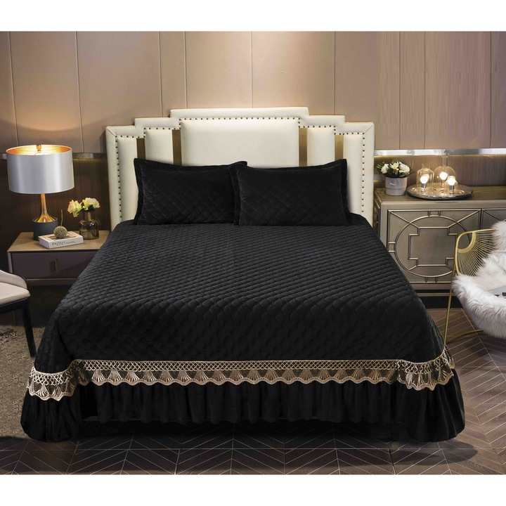 Set Cuvertură de Pat CHIRASO din Catifea, 3 Piese, Negru, 220x240+27cm, 2 Fete de Pernă 50x70+5cm