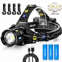 Lanterna de cap profesionala NEXIMA® LED 30W, cu zoom, iluminare puternica, 5 moduri, 3 baterii reincarcabile 18650 incluse, dual tone alb/galben, Powerbank USB‑C, waterproof IPX4, frontala, 4 cleme casca