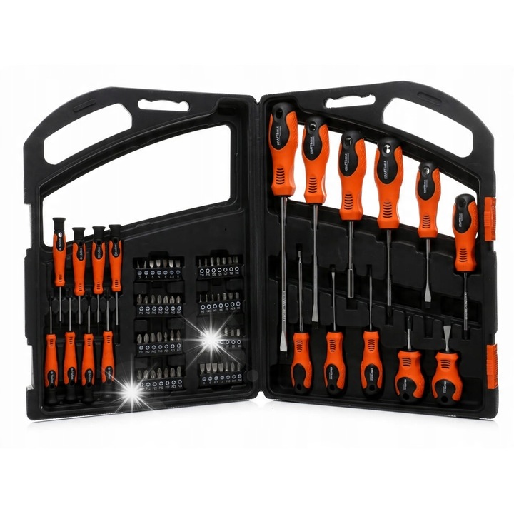 Csavarhúzó és bitkészlet 75 elemes, Kraft&Dele, tárolótáskával, különböző méretekben