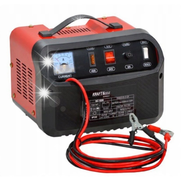 Autós töltő, 12/24V 50A 320Ah Kraft&Dele, gyorstöltési funkció, 230V, 7kg