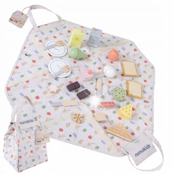 Fából készült piknikkészlet gyerekeknek, MINEXO, 3+ éves kortól, többszínű, étellel és eszközökkel