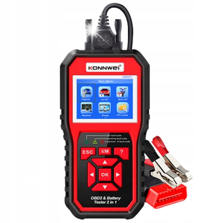 KONNWEI KW870 OBD II тестер за батерии и диагностика, 2 в 1, за 12V автомобили, пълни функции, черен цвят