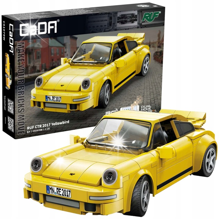 CaDA építőkészlet, RUF CTR 2017, 222 darabos, távirányítóval, sárga