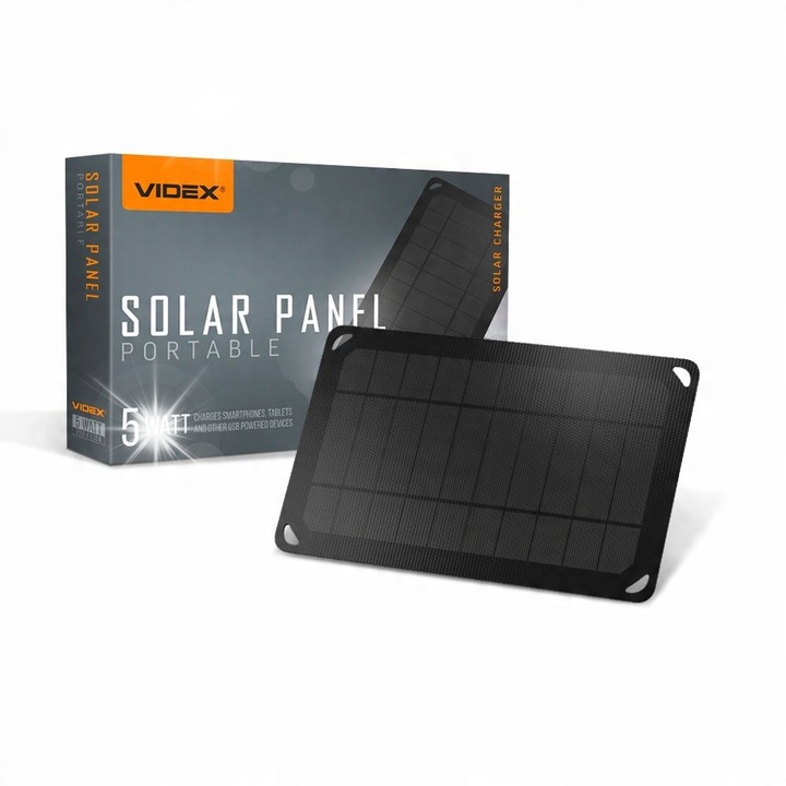 Преносим соларен панел, Videx, 5W, USB кабел 1m, черен