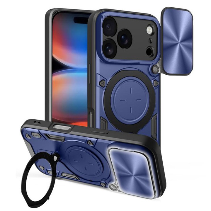 Husa LensCover KickStand pentru Apple iPhone 17 Pro Max, Inel Magnetic, Strong Shock Absortion, Design Fusion Protect, Drop Protection, Albastru