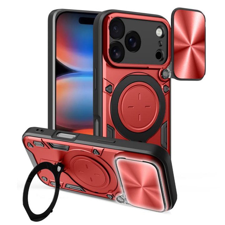 Husa pentru iPhone 17 Pro Max cu protectie pentru camera si suport magnetic integrat Ring Shockproof, rosu