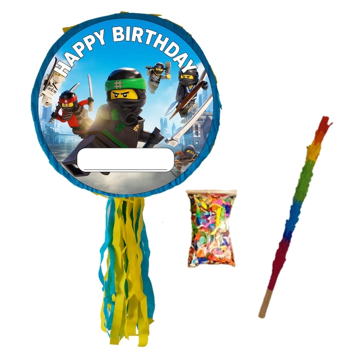 Пинята Ninjago Star с бухалка и конфети, Pinastar. Голям отвор за пълнене, издръжливост, дървена бухалка и конфети